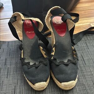 Christian Louboutin Black and Tan Espadrille Wedges